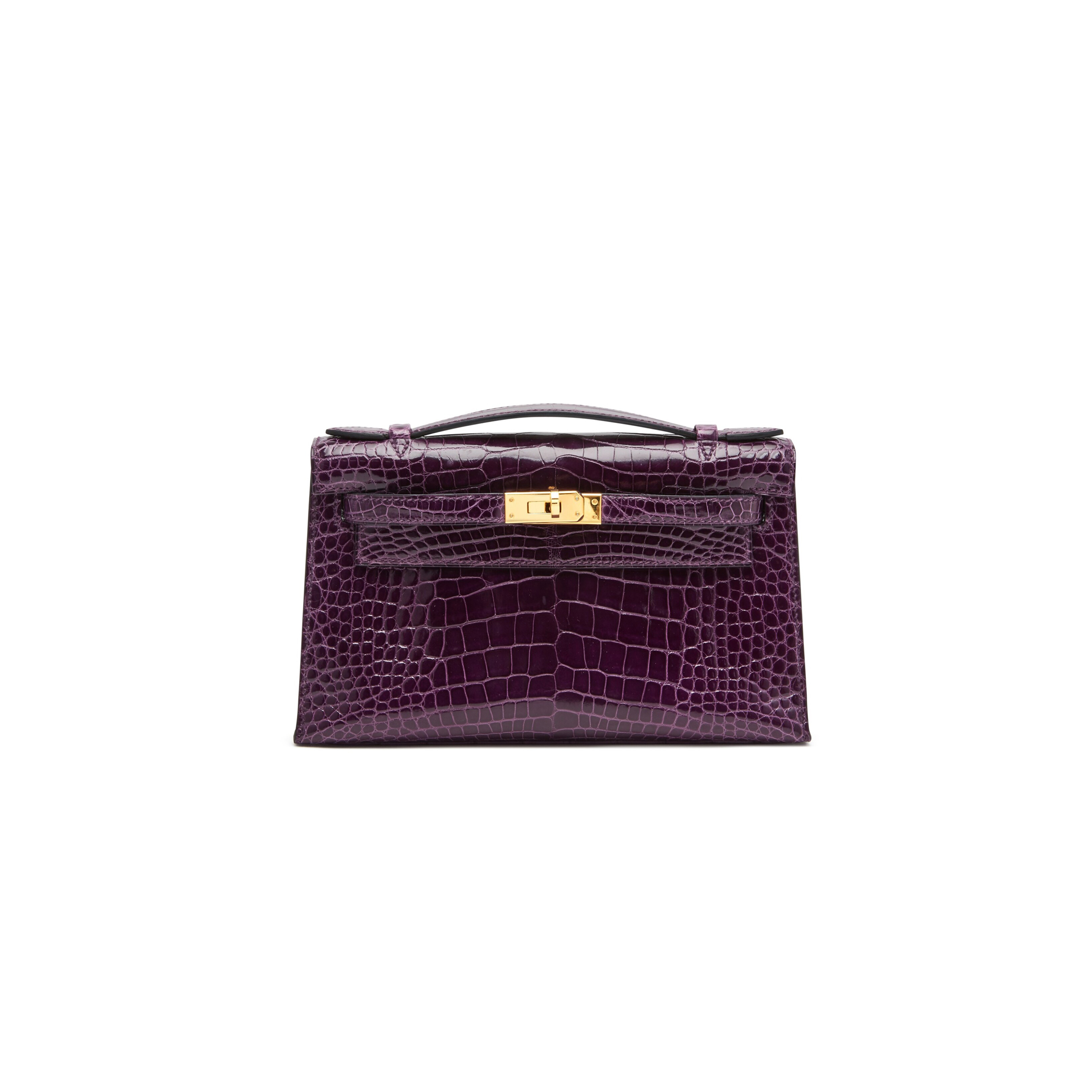 H**mes master amethyst kelly pochette in shiny alligator mississippiensis with gold hardware (22*14*7cm)